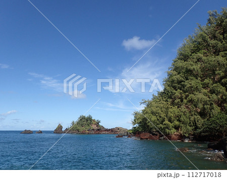 Red Rock cliff and islands covered with trees along the ocean 112717018