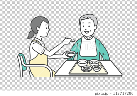 Illustration of a caregiver and an elderly man assisting with meals 112717296