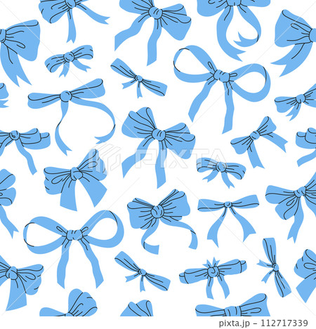 Cartoon bows pattern. Birthday gifts bows seamless pattern, blue ribbon decoration print flat vector background illustration. Hand drawn silk bows backdrop 112717339