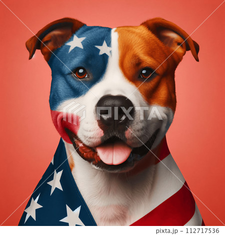 AI-generated content. In a patriotic portrayal, a proud dog is depicted with an American flag 112717536