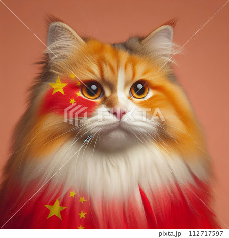 AI-generated content. The dignified portrait shows the cat next to a Chinese flag against a bright AI-generated content. The dignified portrait shows the cat next to a Chinese flag against a bright 112717597