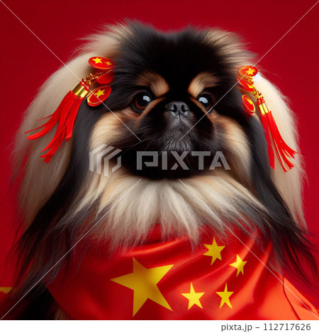 AI-generated content. Pekingese is depicted with Chinese New Year decorations on a bright red 112717626