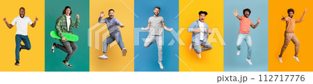Crazy Fun. Group Of Happy Multiethnic Men Jumping Mid-Air On Colorful Backgrounds Crazy Fun. Group Of Happy Multiethnic Men Jumping Mid-Air On Colorful Backgrounds 112717776