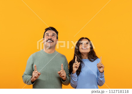 Shocked senior caucasian couple in casual point finger up at copy space 112718118