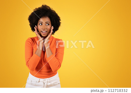 Surprised and excited young woman with hands on cheeks and wide eyes 112718332