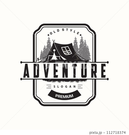 Camping logo wild forest design outdoor adventure illustration of trees and simple tent 112718374