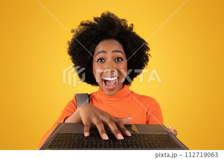 Excited young woman with an afro hairstyle exuberantly typing on a laptop 112719063
