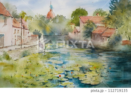 水彩画 農村風景 S. Naichi 農村の風景を水彩で野外スケッチ