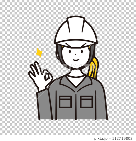 Illustration material of the upper body and stars of a Japanese female office worker working at a construction site doing an okay pose 112719802