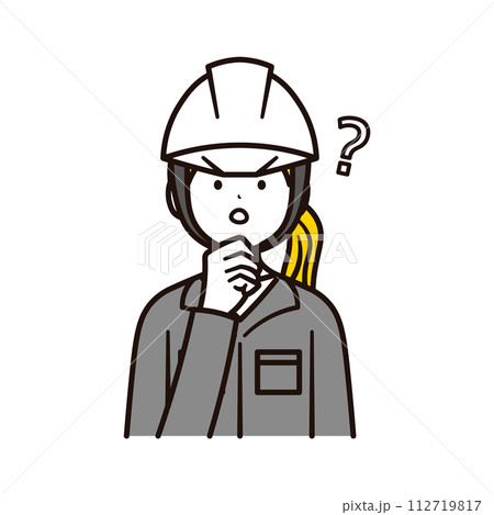 考えて作業をする建築現場で働く笑顔の日本人女性会社員の上半身とハテナのイラスト素材 112719817