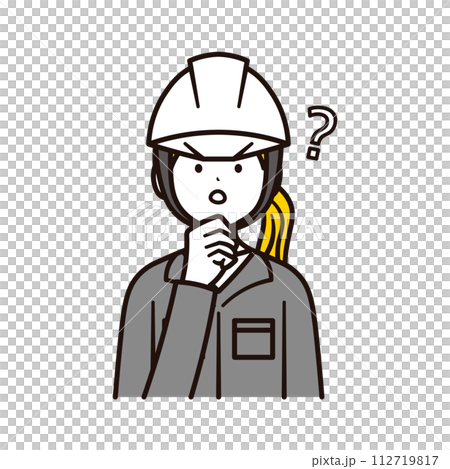 考えて作業をする建築現場で働く笑顔の日本人女性会社員の上半身とハテナのイラスト素材 112719817