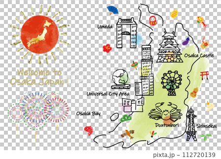 Cute Osaka tourist destination illustration map hand drawn line drawing Cute Osaka tourist destination illustration map hand drawn line drawing 112720139