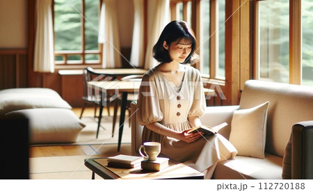 リビングで読書をする女性 112720188