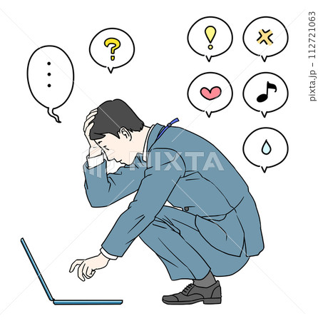 直置きのノートパソコンを前に頭を抱えながら仕事をしているスーツ姿のSE男性のイラストとアイコンセット 112721063