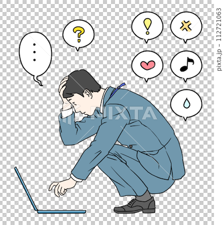 直置きのノートパソコンを前に頭を抱えながら仕事をしているスーツ姿のSE男性のイラストとアイコンセット 112721063