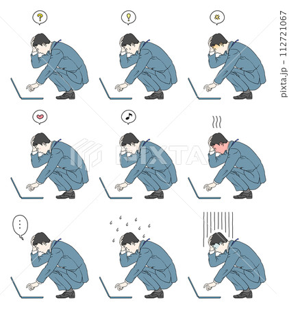 地べたに置いたノートパソコンを使い、頭を抱えながら仕事をしているスーツ姿のSE男性イラスト9種セット 112721067