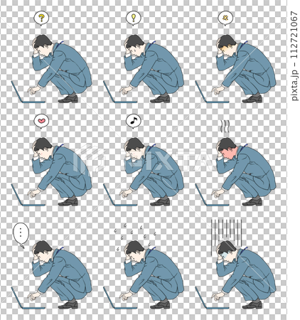 地べたに置いたノートパソコンを使い、頭を抱えながら仕事をしているスーツ姿のSE男性イラスト9種セット 112721067