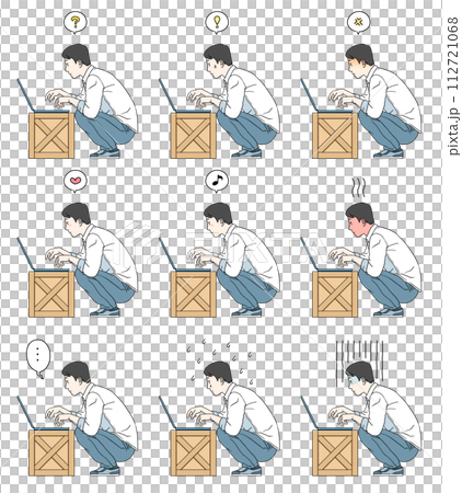 一組 9 張插圖,描繪了一名男子蹲下並在放在盒子上的筆記型電腦前掙扎的情況。 一組 9 張插圖,描繪了一名男子蹲下並在放在盒子上的筆記型電腦前掙扎的情況。 112721068