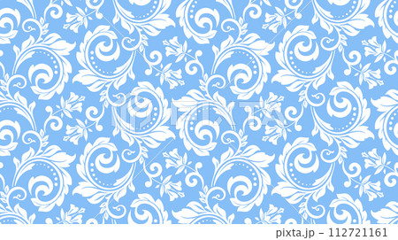 Floral pattern. Vintage wallpaper in the Baroque style. Seamless vector background. White and blue ornament for fabric, wallpaper, packaging. Ornate Damask flower ornament Floral pattern. Vintage wallpaper in the Baroque style. Seamless vector background. White and blue ornament for fabric, wallpaper, packaging. Ornate Damask flower ornament 112721161