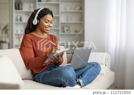 Online Education. Black Woman In Headphones Study With Laptop Computer At Home 112721850
