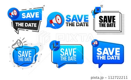 Save the Date. Megaphone label collection with text. Marketing and promotion. Vector Illustration. 112722211