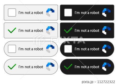 Captcha. Im Not a Robot. Robot verification recaptcha. Captcha with buttons for start testing. Computer random captcha test. Vector illustration. Captcha. Im Not a Robot. Robot verification recaptcha. Captcha with buttons for start testing. Computer random captcha test. Vector illustration. 112722322