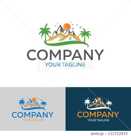 Natural Real Estate Logo Template with the sun, palm tree, birds mountain elements 112722635