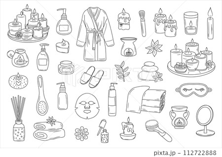Spa, relax, candle doodle set. Makeup, beauty care outline icons 112722888