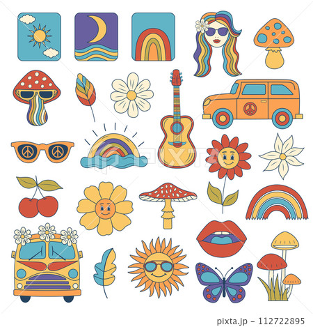 100 Adesivi Groovy Hippie Boho – Fiori Margherita, Pastello, Retro Anni 60-80 Per Bottiglie, Valigie, Bici