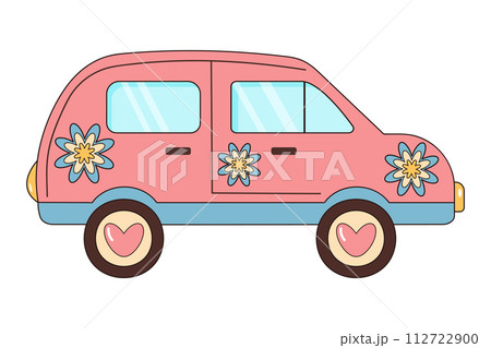 Groovy retro car with flowers and hearts. Hippie vintage truck.  112722900