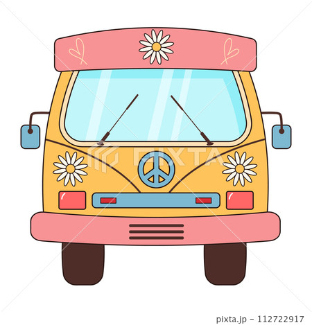 Groovy retro hippie bus with daisies. Vintage truck.  112722917