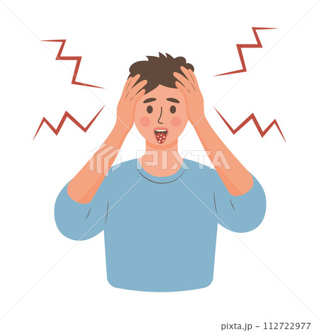 Man with stomatitis in mouth. Diseases of oral cavity. Candidiasis in boy. Man with stomatitis in mouth. Diseases of oral cavity. Candidiasis in boy. 112722977