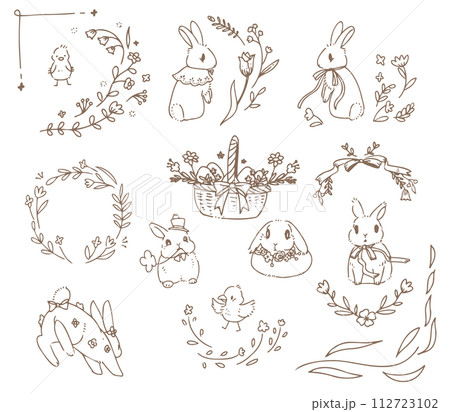春の手書き小花とウサギのイースターセット（線画のみ）の