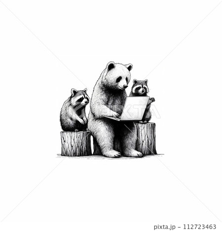 人間味溢れる森の動物達の鉛筆画イラスト 112723463