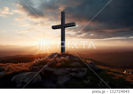 Religious cross on the background of a bright sunset. The concept of religion and faith. Christianity. Generative AI. 112724045