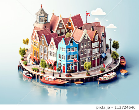 Amsterdam House village city circle with canal and boats in summer season holiday 3D isometric illustration 112724640