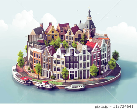 Amsterdam House village city circle with canal and boats in summer season holiday 3D isometric illustration 112724641
