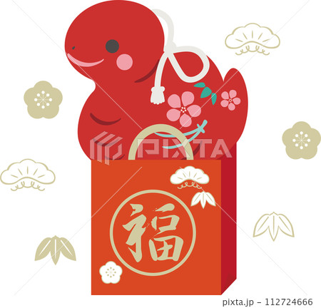 巳年　福袋　松竹梅　年賀2025　お正月　土鈴　巳　へび　かわいい　シンプル　広告　イラスト素材 112724666