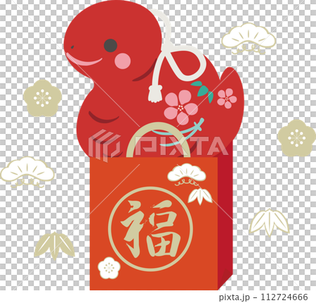 巳年　福袋　松竹梅　年賀2025　お正月　土鈴　巳　へび　かわいい　シンプル　広告　イラスト素材 112724666