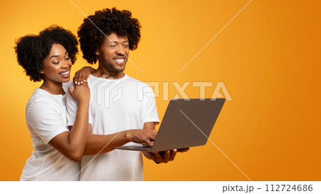 Positive african american couple using laptop together on orange Positive african american couple using laptop together on orange 112724686