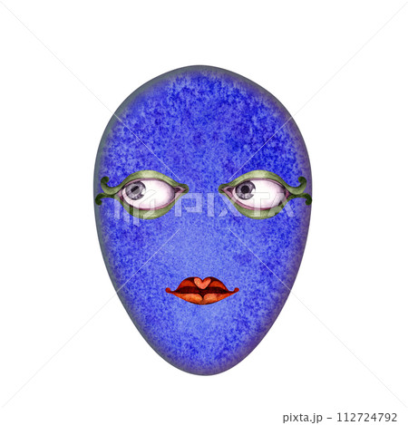 Watercolor Easter abstract colorful surreal egg with characteristic face for Easter egg hunt clipart, invitations, stickers, scrapbooking, borders, patterns, packaging, gifts, wallpaper, background 112724792