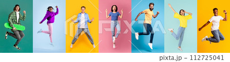 Collage with excited millennial men and women jumping and having fun Collage with excited millennial men and women jumping and having fun 112725041