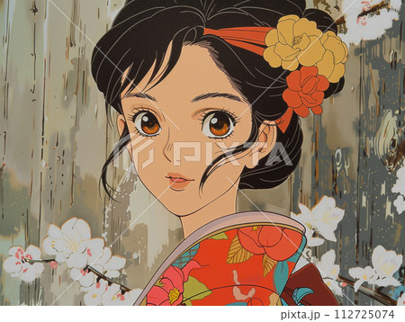 着物姿の女性　街歩き　ジブリ風　イラスト 112725074