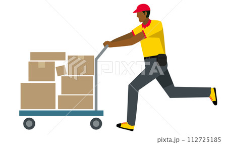 台車で荷物を運ぶ8等身の黒人系男性のイラスト白背景　フラットデザイン　配達運輸宅配物流のイメージ 112725185