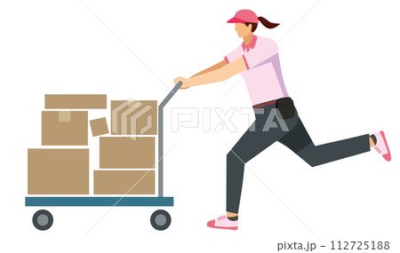 台車で荷物を運ぶ8等身の日本人女性のイラスト白背景　フラットデザイン　配達運輸宅配物流のイメージ 112725188