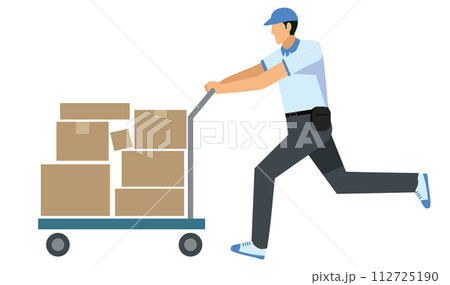 台車で荷物を運ぶ8等身の日本人男性のイラスト白背景 フラットデザイン 配達運輸宅配物流のイメージ 台車で荷物を運ぶ8等身の日本人男性のイラスト白背景 フラットデザイン 配達運輸宅配物流のイメージ 112725190
