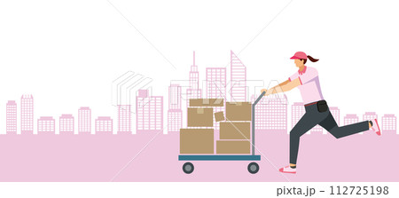 台車で荷物を運ぶ8等身の日本人女性のイラスト街並み背景　フラットデザイン　配達運輸宅配物流のイメージ 112725198
