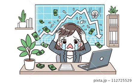 株価が下がって頭を抱えて泣く女性のイラスト 112725529
