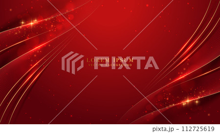 Golden lines with curve light, sparkle glowing effect and bokeh elements. Red luxury background style vector design 112725619