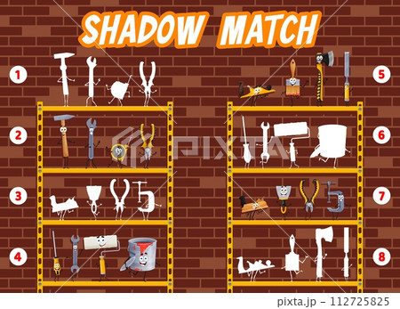 Shadow match game, find cartoon diy and repair tools characters silhouette. Kids vector worksheet with hammer, spanner, tape and pliers. Vice, plane, spatula, roller and screwdriver on garage shelf 112725825